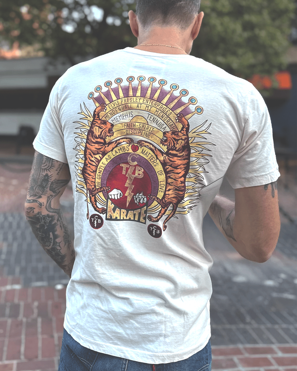 Elvis TCB Tiger Crest Vintage White Tee - Roots of Fight Canada