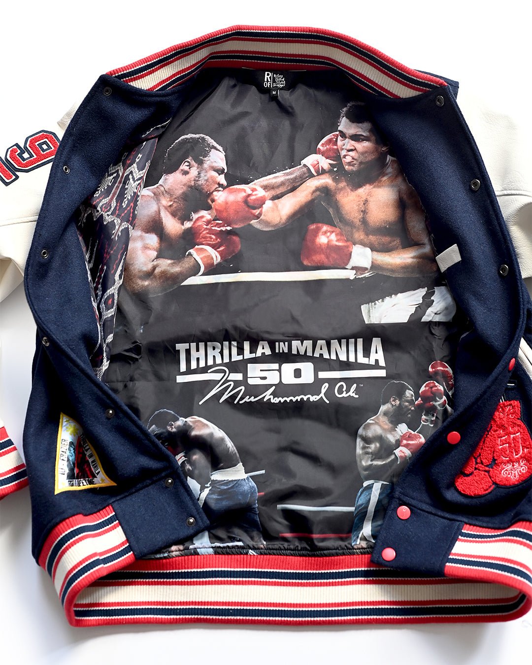 Thrilla in Manila 50th Anniversary Navy Varsity Jacket - Roots of Fight Canada