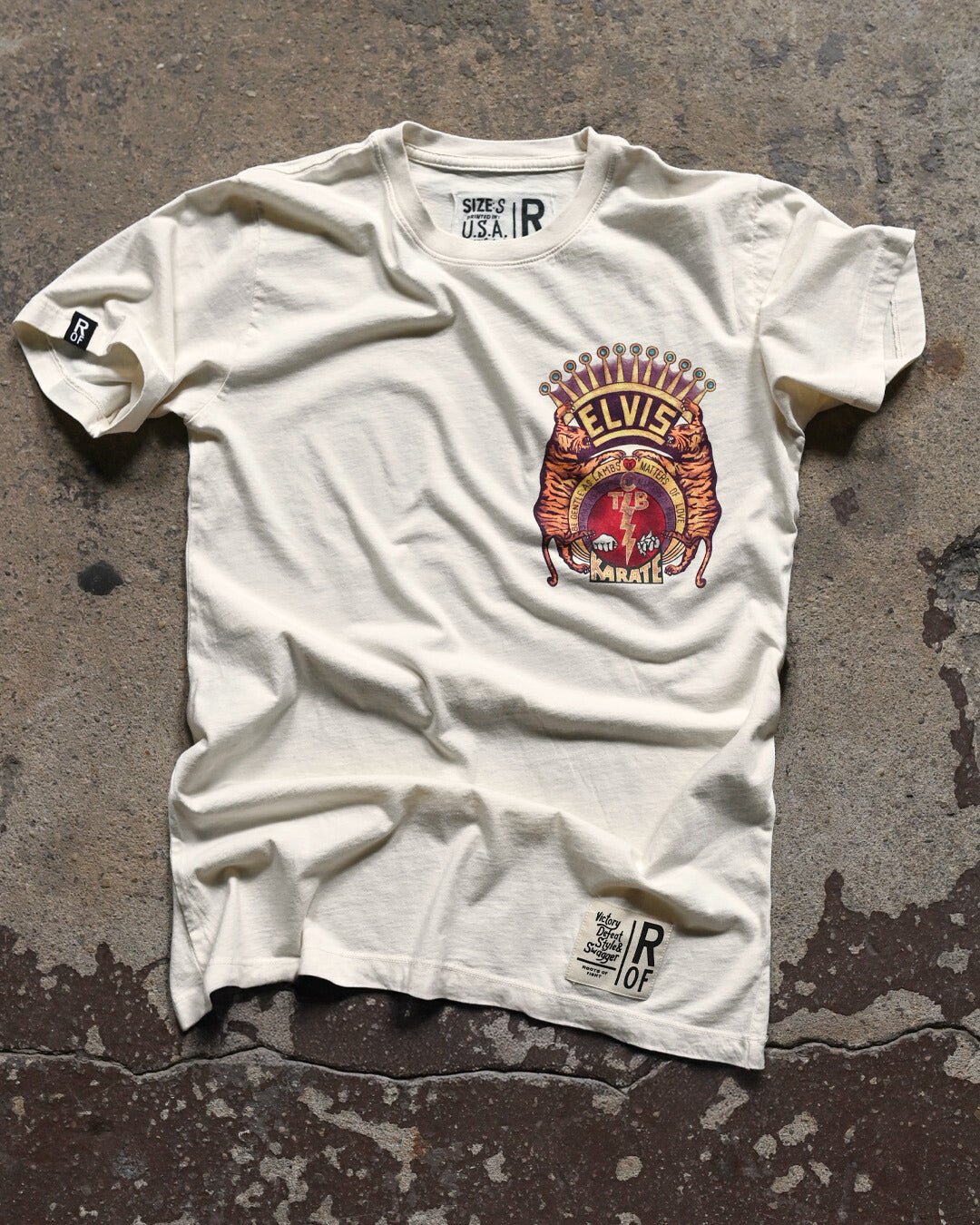 Elvis TCB Tiger Crest Vintage White Tee - Roots of Fight Canada