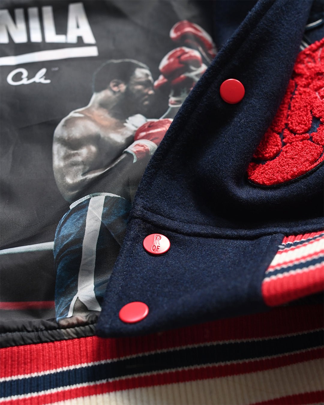Thrilla in Manila 50th Anniversary Navy Varsity Jacket - Roots of Fight Canada
