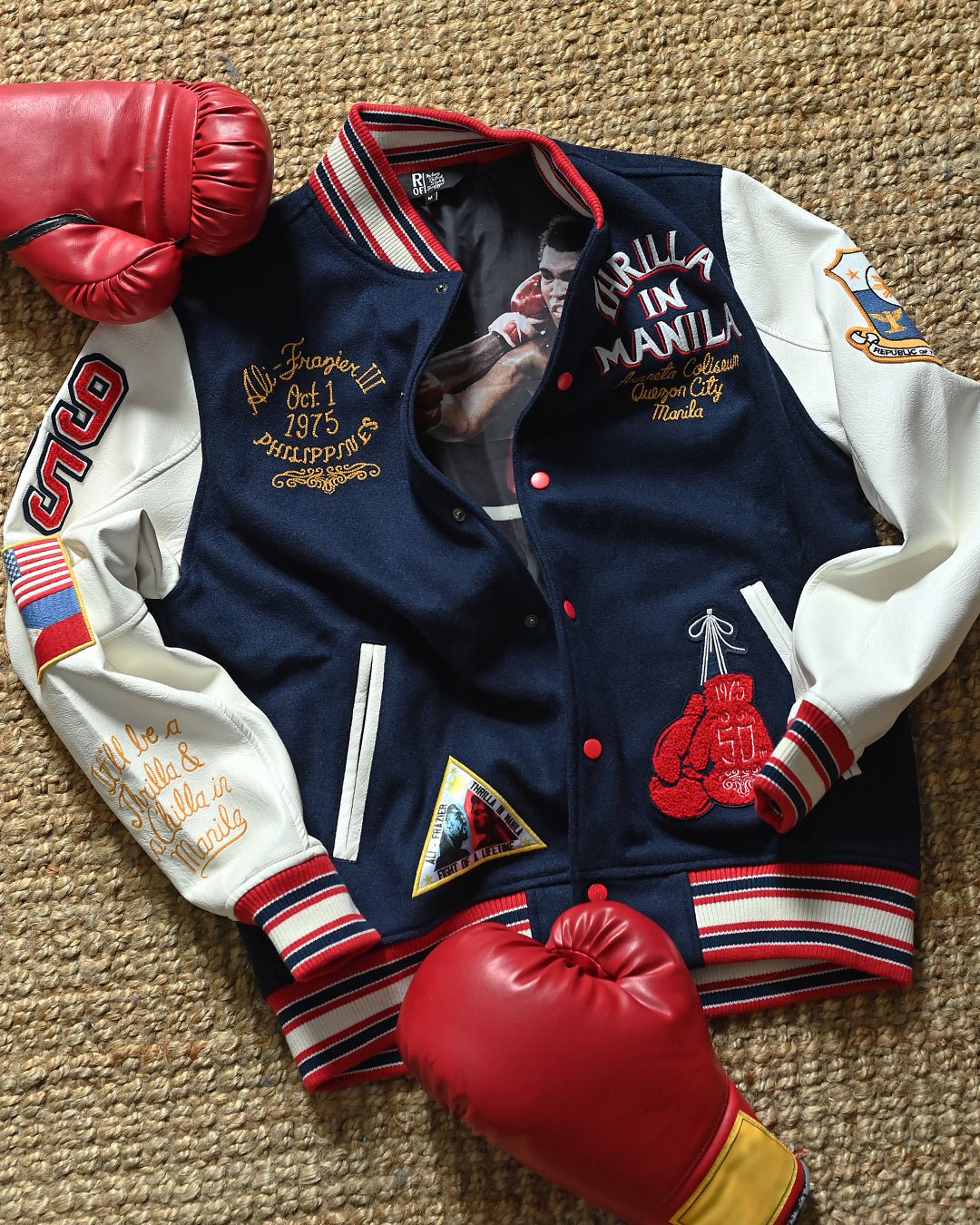 Thrilla in Manila 50th Anniversary Navy Varsity Jacket - Roots of Fight Canada