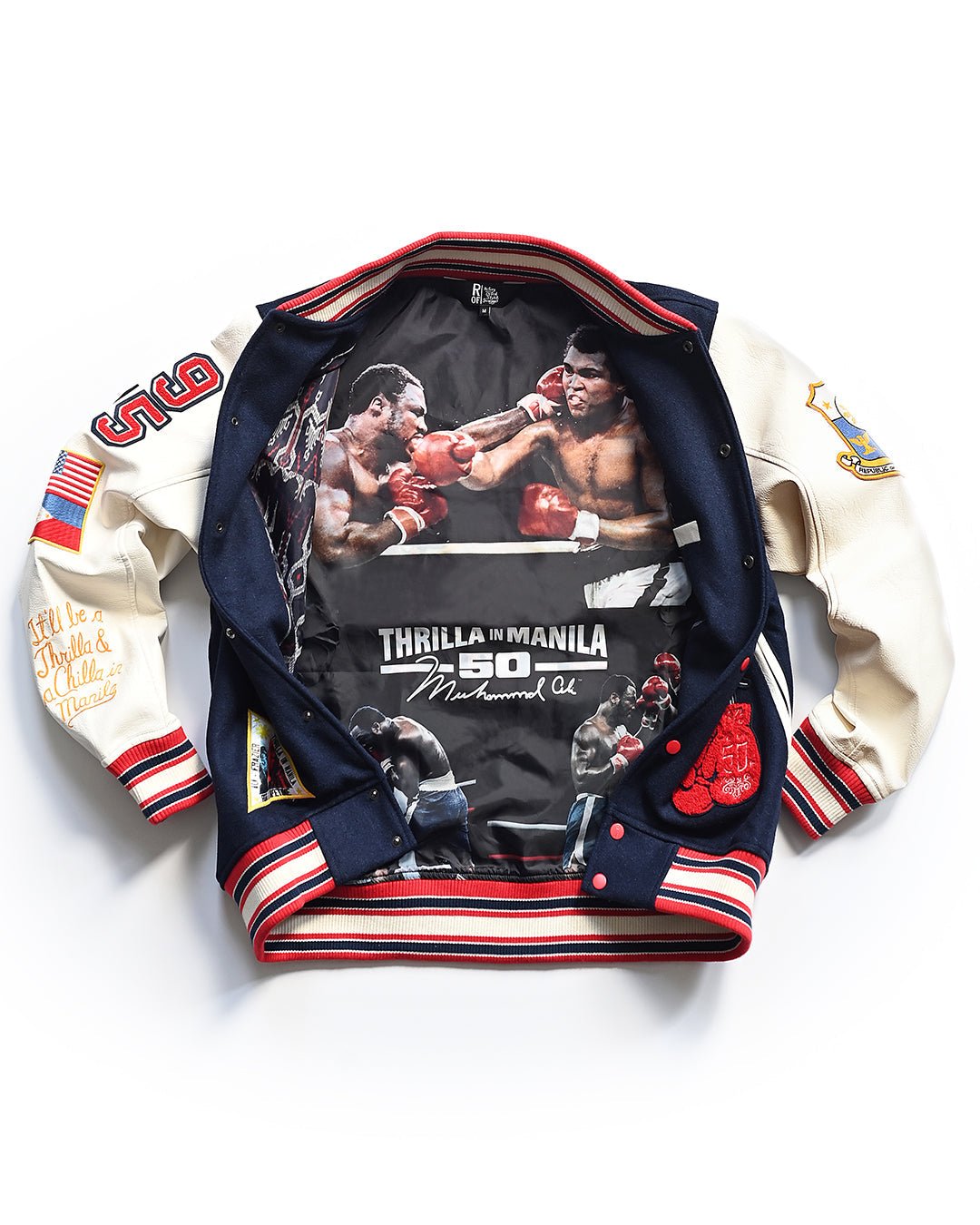 Thrilla in Manila 50th Anniversary Navy Varsity Jacket - Roots of Fight Canada