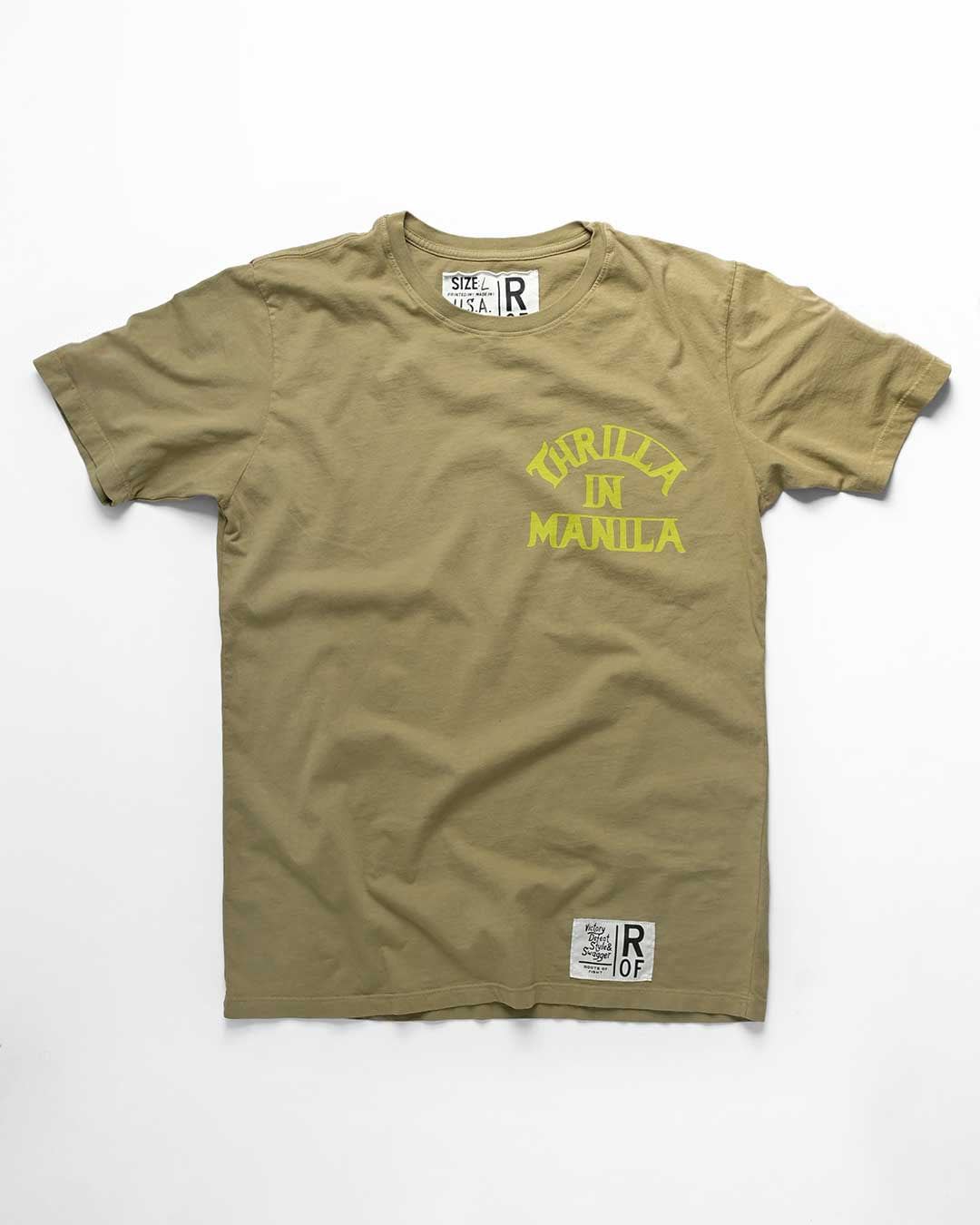 Thrilla In Manila Vintage Olive Tee - Roots of Fight Canada