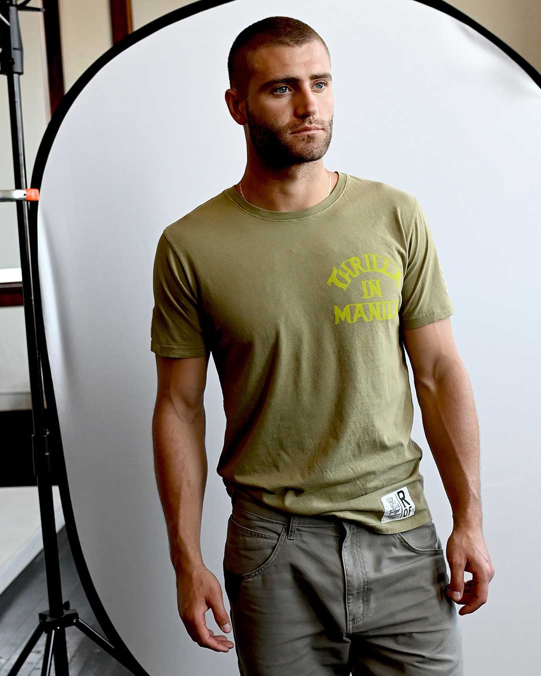 Thrilla In Manila Vintage Olive Tee - Roots of Fight Canada